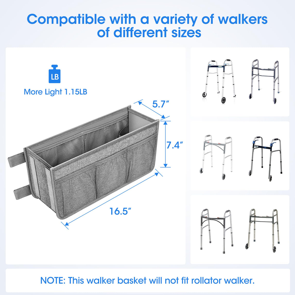 Dotday Upgraded Walker Basket with Cup Holder, Foldable Walker Bag with Large Capacity & Never Tipping Over, Not Fit for Rollator - Grey