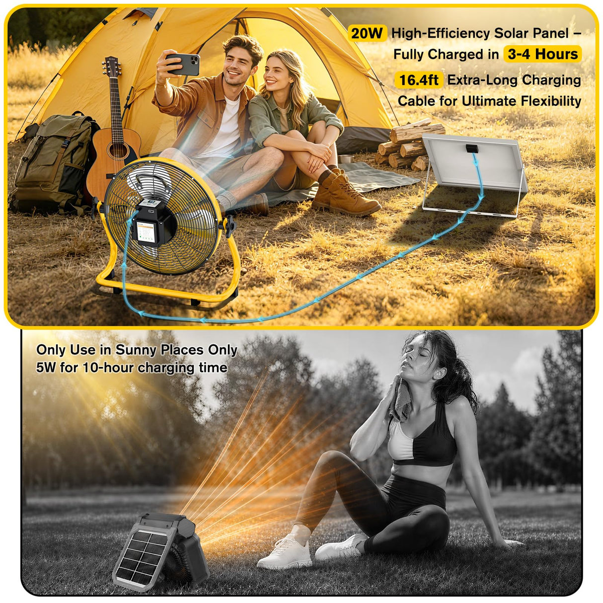 ZMLBTF 14" Solar Powered Fan with 20W Solar Panel & Rechargeable Battery, Portable, Quiet 12 Speed, 360° Tilt Head for Outside, Camping, Travel, Greenhouse, Chicken Coop, Patio, gazebo (Yellow)