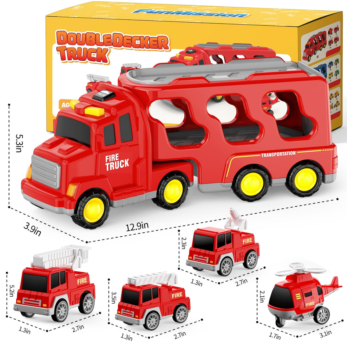 FunMission Toddlers Fire Truck for Kids 3-9 Year Old,5 in 1 Friction Power Vehicle Car for 3 4 5 6 7 Years Old Boys Girls,Carrier Truck Transport Toys for Christmas and Birthday Gifts