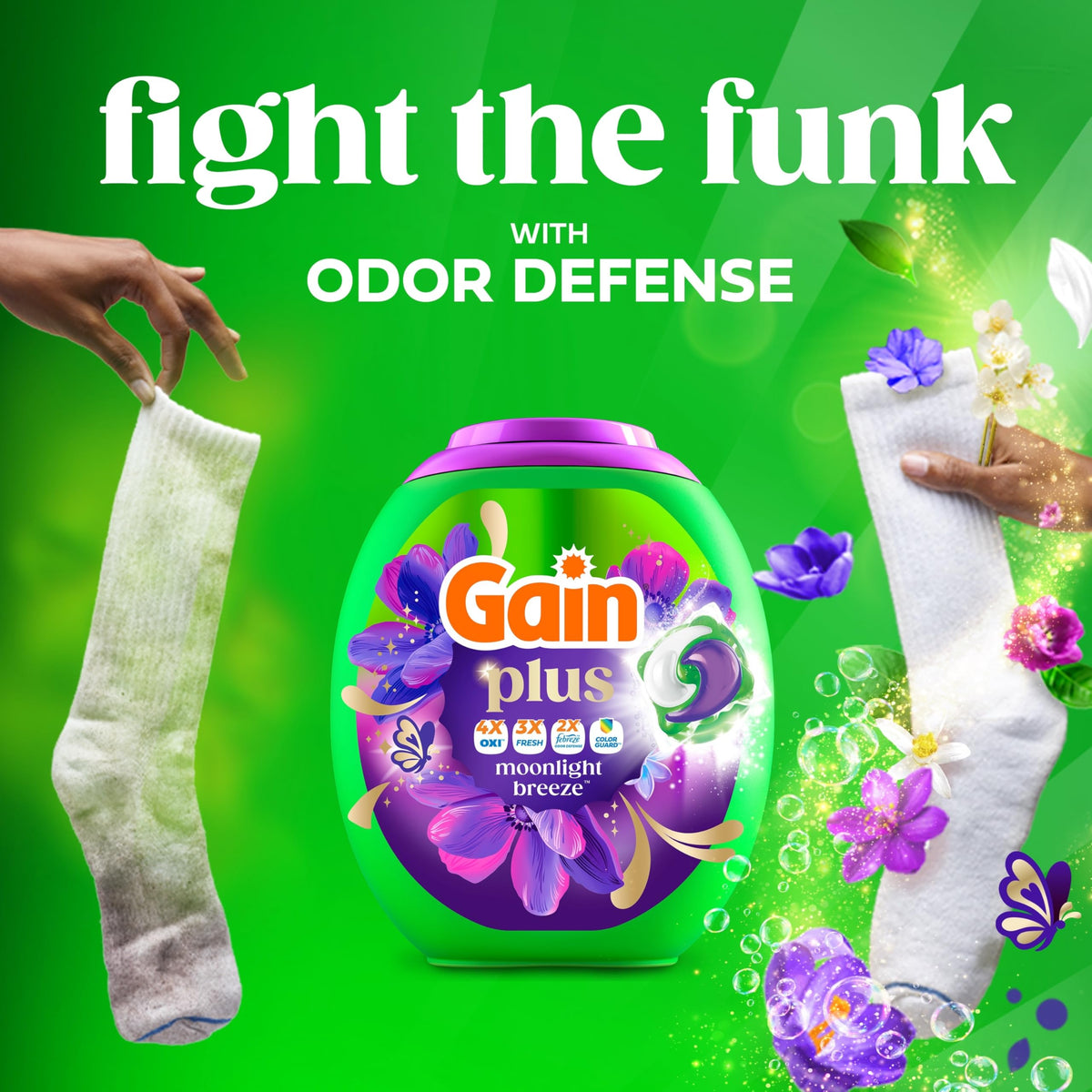 Gain Plus Flings Liquid Washing Detergent Pacs, Gain's Best Clean, All-In-One, Moonlight Breeze Scent, 45-Count Tub