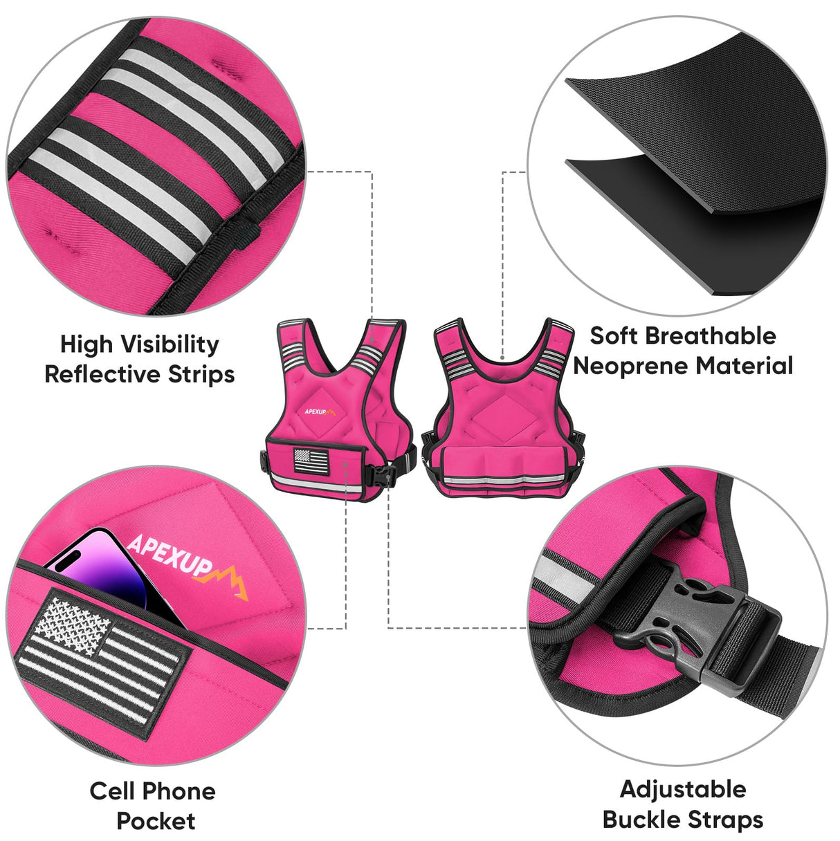 APEXUP Adjustable Weighted Vest, 4-10lb/12-18lb/20-32lb Vest with 6 Ironsand Weights and Large Pocket, Weight Vest for Men Women Strength Training, Running, Walking (12-18lb, Pink)