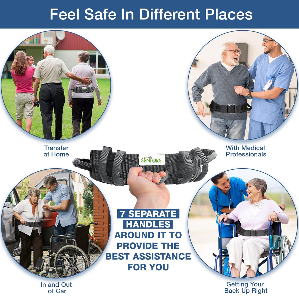 Gait Belts for Seniors with 7 Handles - Transfer Gate Belts with Handles for Lifting Elderly & Patient Physical Therapy - Easy to Use Quick Release Gait Belt for Medical Nursing Use