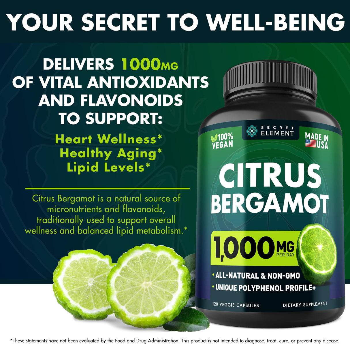 3 Pack Citrus Bergamot Extract 1000mg, Supplement for Heart, Immune System Support, and Healthy Aging - Pure 360 Vegan Capsules