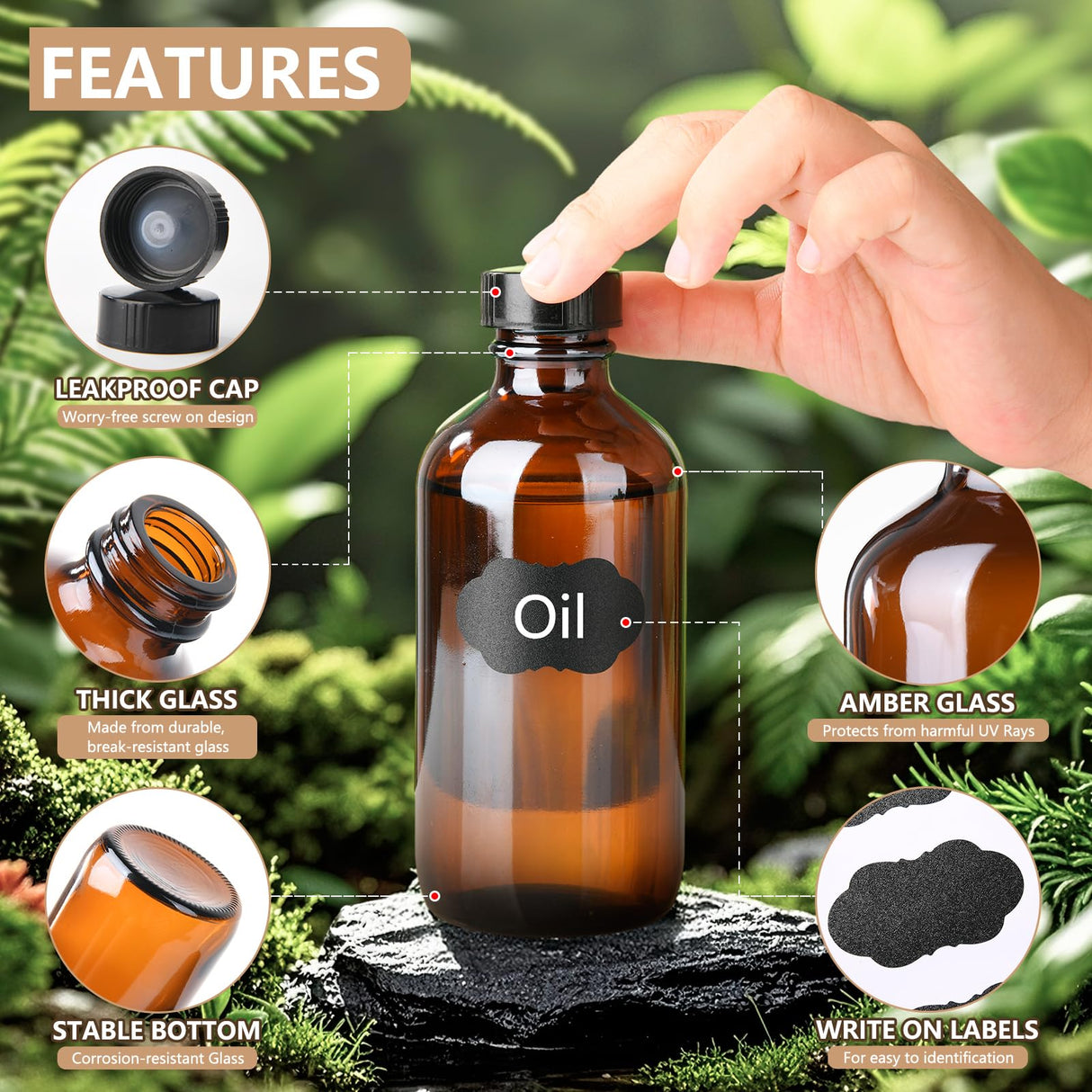 BPFY 24 Pack 4 oz Amber Boston Glass Bottle with Black Poly Cap, Funnel, Chalk Labels, Pen for Homemade Vanilla Extract, Essential Oils, Wedding, Christmas, Holiday Gift