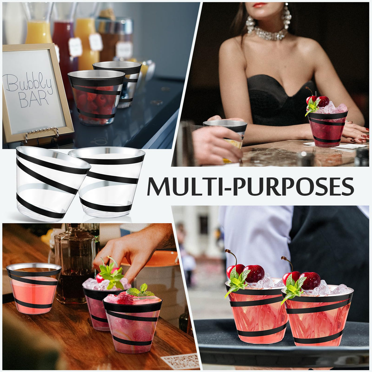 Gejoy 9 oz Rimmed Swirl Plastic Cups Disposable Wine Drinking Cups Clear Elegant Halloween Tumblers for Christmas Party Supplies(Black,100 Pcs)