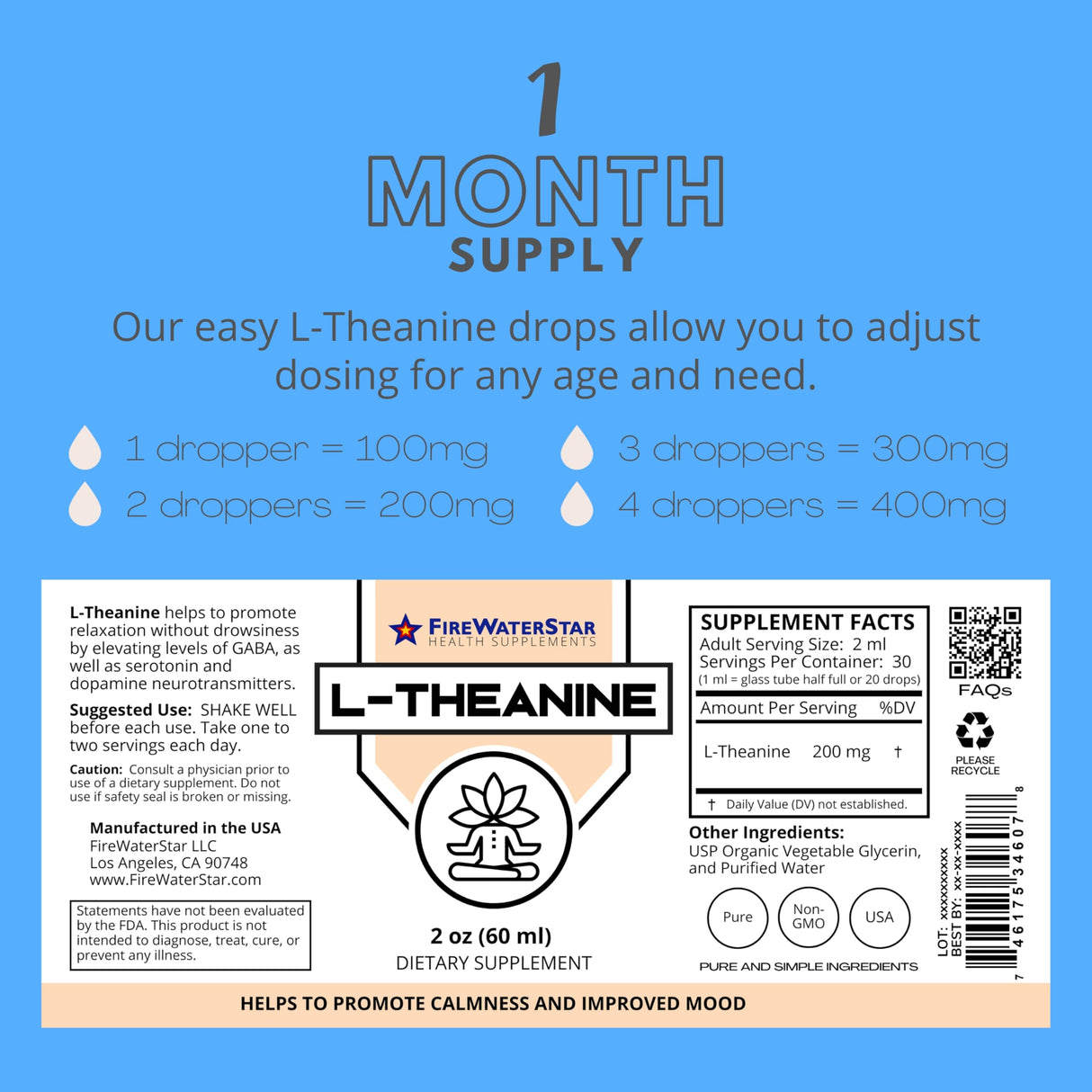 FWS L Theanine Liquid Drops, 200mg 99% Pure Bioactive L-Theanine, Organic, Natural, Vegan, Non GMO Helps to Promote Calmness, Relaxation, Improved Mood, Restful Sleep, for Adults and Kids