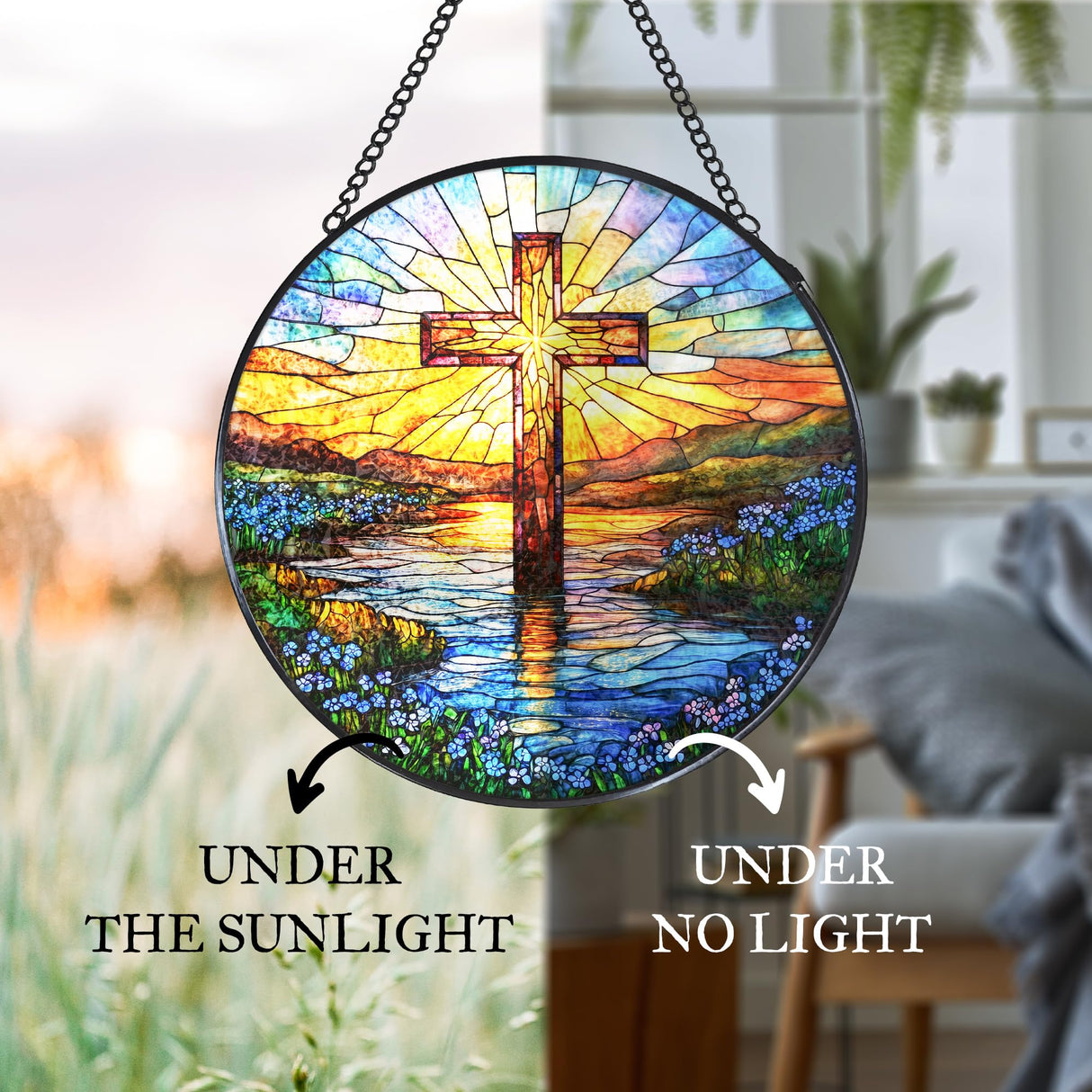 WUHSDIBC Cross Forget Me Not Stained Glass Window Hanging Suncatcher, Christian Flower Sunset Sun Catcher Indoor Window Decor Gifts, Religious Painted Glass Round Wall Hanging Decorations 7.8x7.8 in