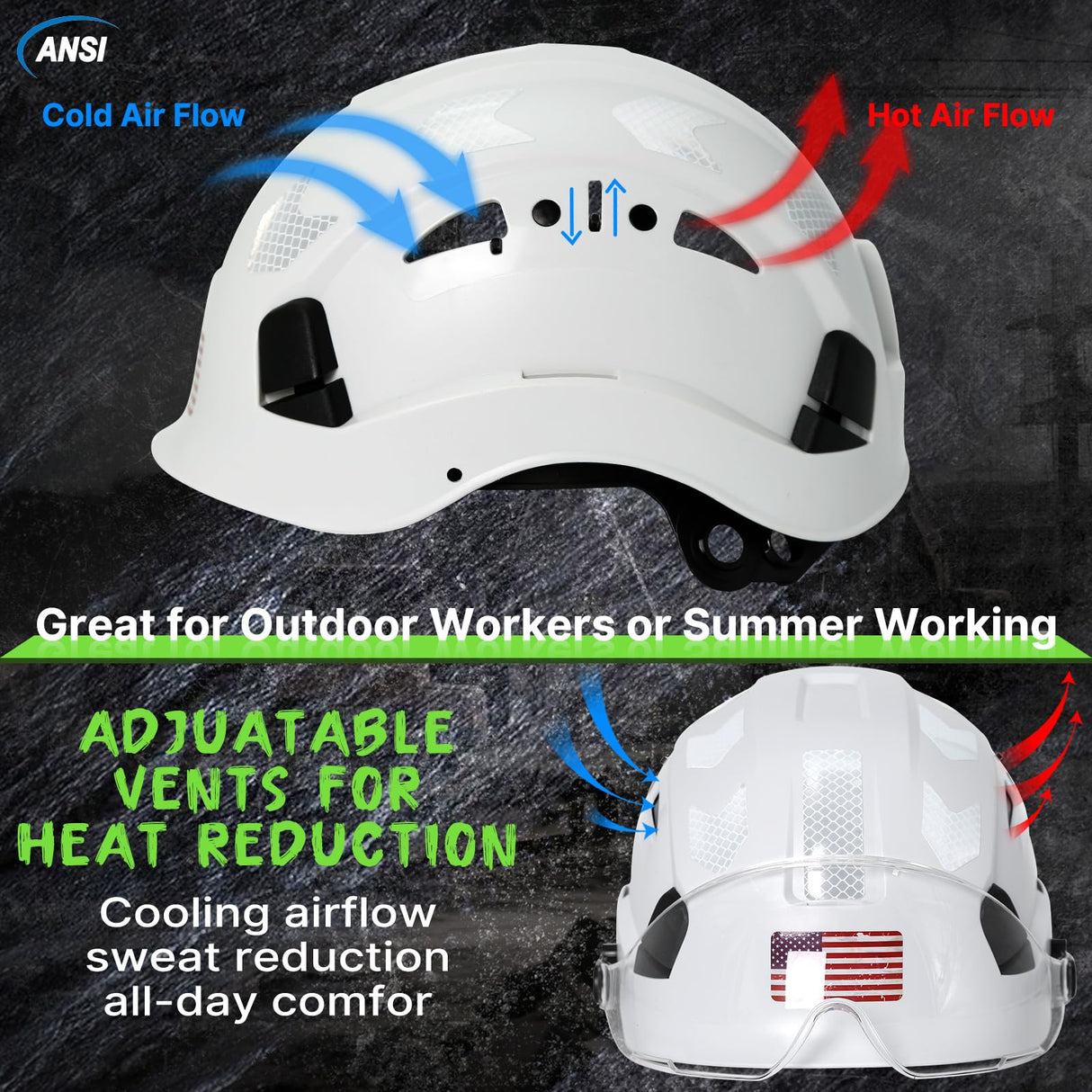 Hard Hats Construction OSHA Approved - ANSI Z89.1 Reflective Construction Worker Hat, Vented White Hard Hat with Visor for Men Women, ABS Safety Helmet for Adults,6-pt.Suspension