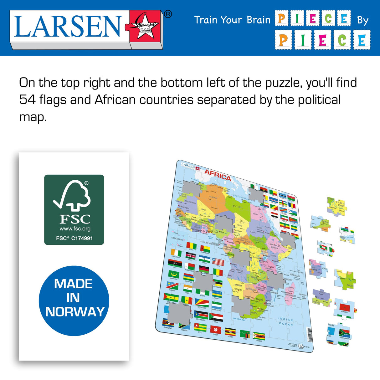 Larsen K13 Africa Political Map, English Edition, 70 Piece Boxless Tray & Frame Jigsaw Puzzle
