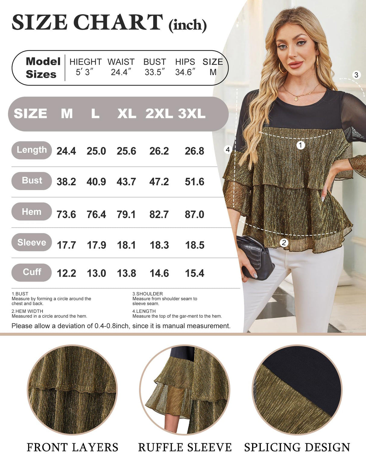 Bebonnie Flowy Sparkly Tops for Women Party: Ladies Casual Long Sleeve Dress Shirts Chiffon Blouses Plus Size Dressy Tops for Wedding Elegant Christmas Night Out Fancy Evening Wear Black Gold XXL