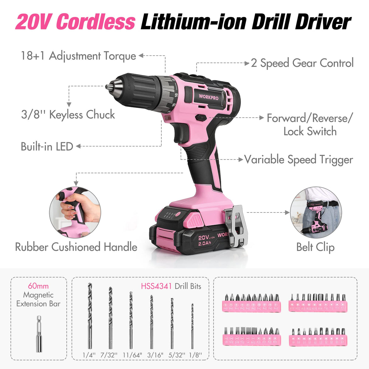WORKPRO Pink Drill Set for Women, Tool Kit with 20V Cordless Lithium-ion Drill Driver, Pink Tool Set, Lady's Repairing Kit with 14-Inch Storage Bag, 157PCS