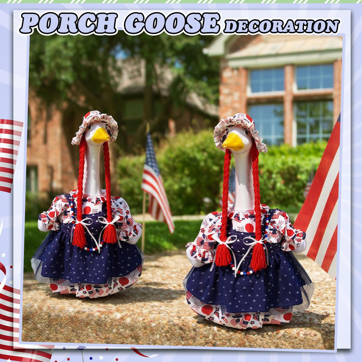 4th of July Porch Goose Outfit Patriotic Independence Goose Clothes for 23" High Cement or Plastic Geese Costume for Yard Lawn Outdoor Garden 250 Anniversary Duck Statue Dress USA American Flag Decor