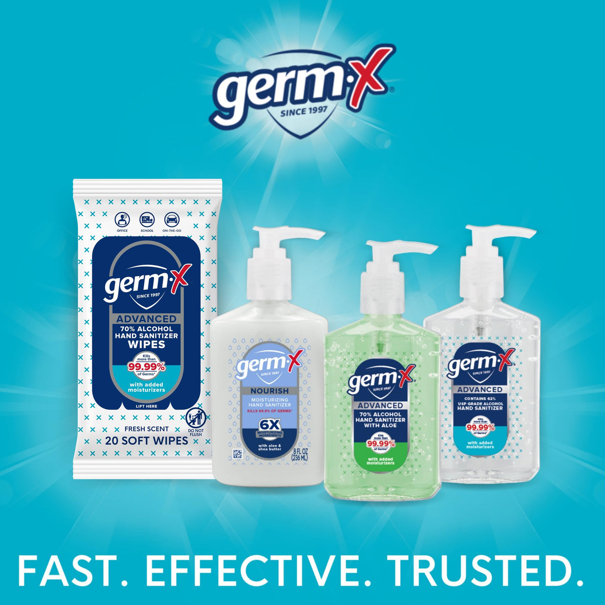 Germ-X Advanced Single-Use Hand Sanitizer Wipes, 20 Soft Wipes, Non-Drying Hand Sanitizer, Instant No Rinse Formula, Back to School Supplies, 70% Alcohol-Based Moisturizing Hand Sanitizer (Pack of 10)
