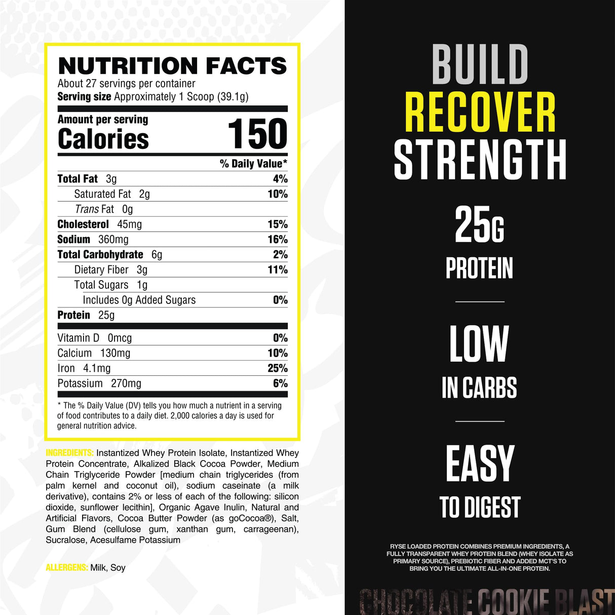RYSE Loaded Protein Powder - Chocolate Cookie Blast - 25g Whey Protein Isolate & Concentrate with Prebiotic Fiber & MCTs - Low Carb, Low Sugar, Digestive-Friendly - 20 Servings / 1.5 lb Tub