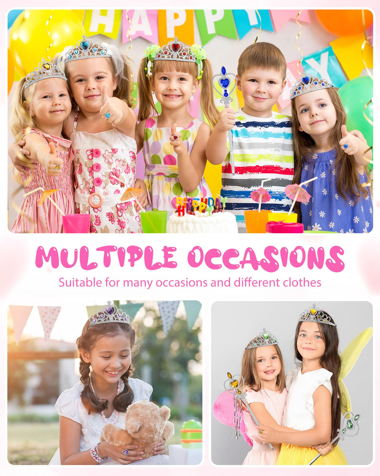 96 Pcs Princess Pretend Party Costume Dress up Play Set Includes 24 Crown Tiaras, 24 Star Wands, 48 Pcs Little Girl Jewel Rings, Princess Girls Party Favors Costume Play Set for Little Girls (Cute)