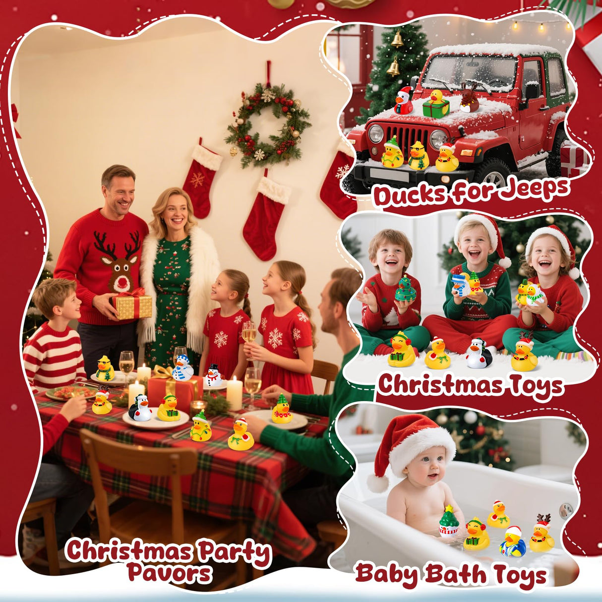 24 Pcs Christmas Rubber Ducks with a Bag, Christmas Stocking Stuffers for Kids, Santa Duckies for Xmas Party Favors Decorations, Ducks for Jeeps Classroom Gift Exchange, Baby Bath Toys