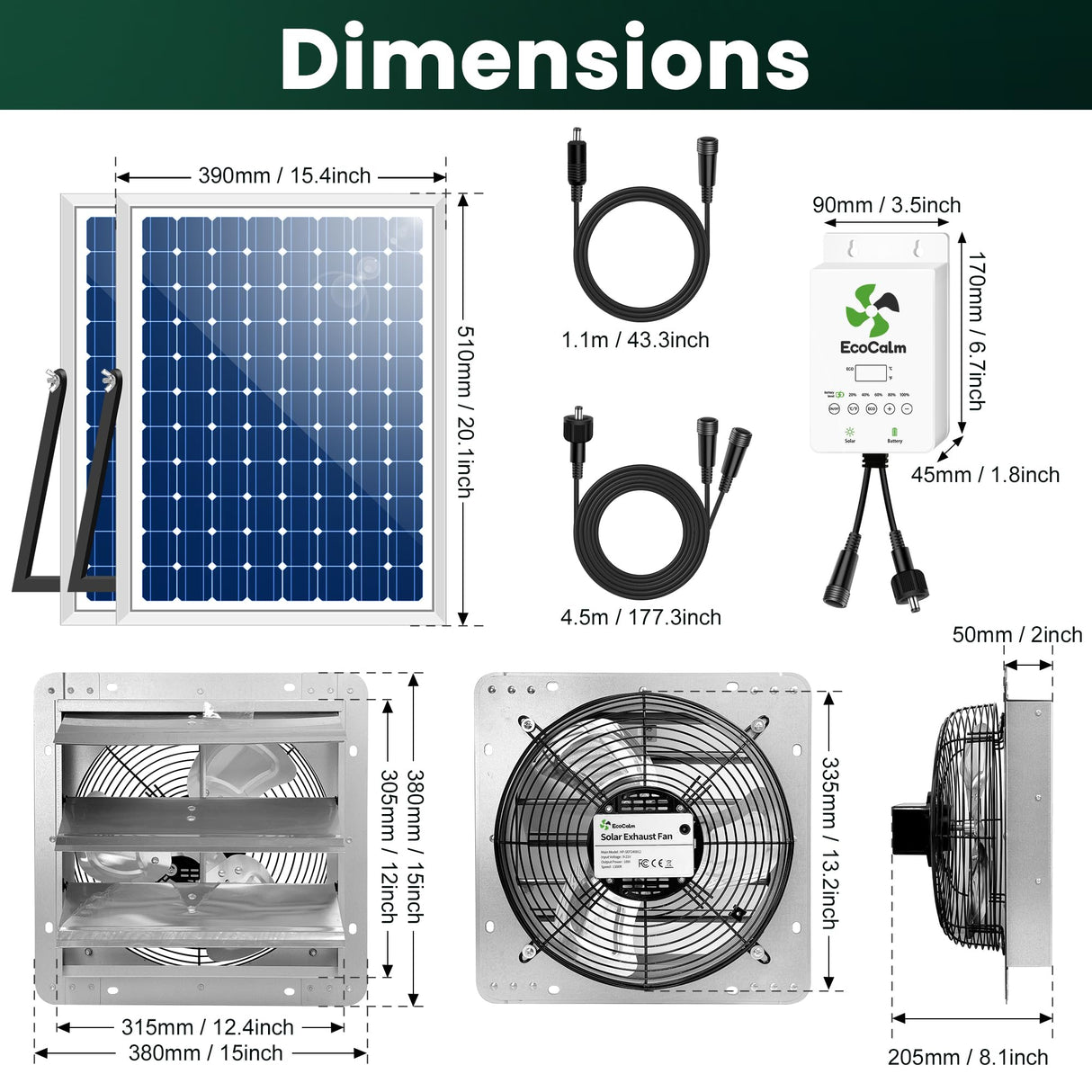 ecoCalm Solar Exhaust Fan 12“ for Greenhouse with Smart Thermostat, Battery