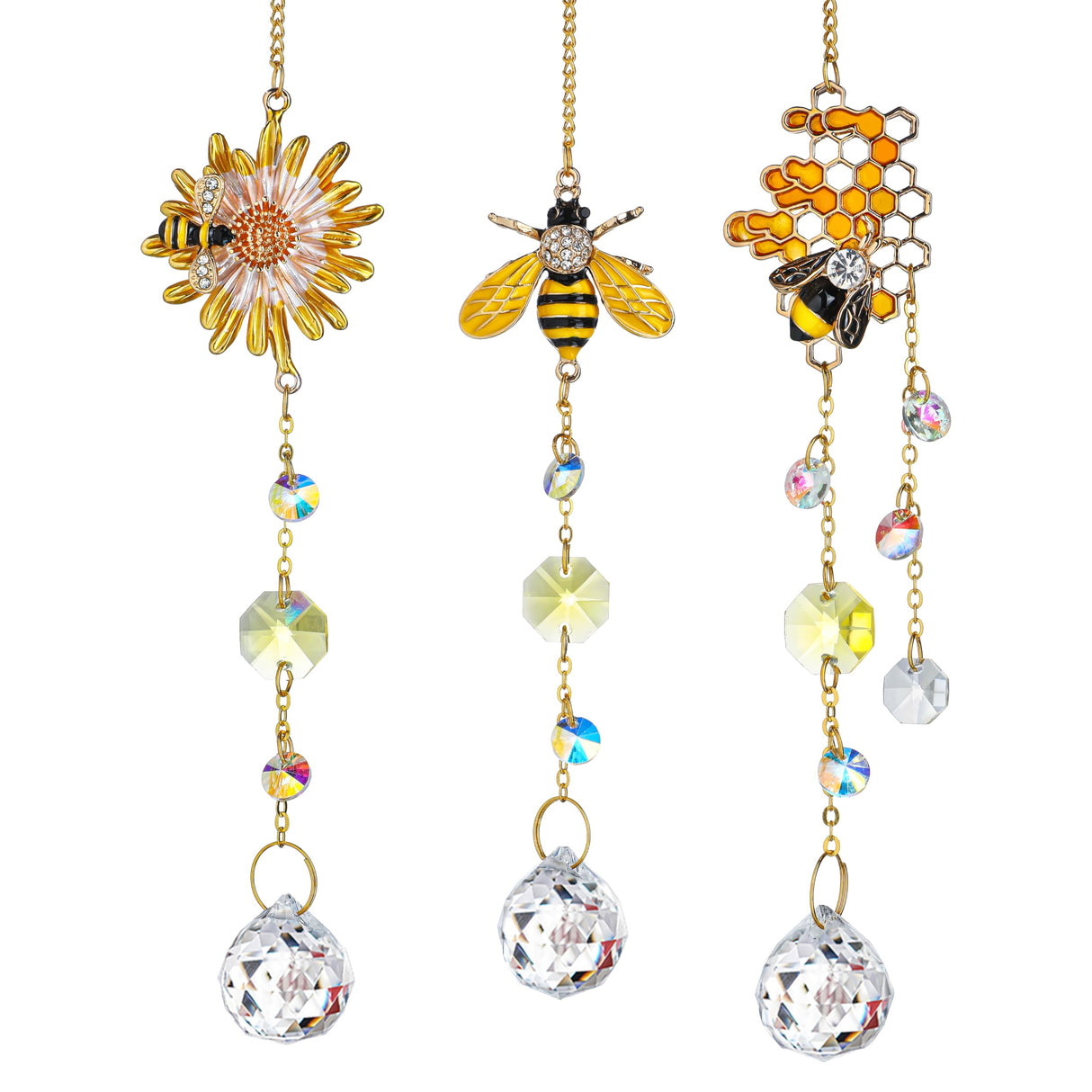 3 Pack Crystal Bee Honeycomb Suncatcher Hanging Window Garden Decor