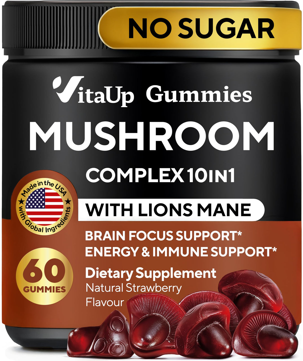 VitaUp Mushroom Gummies for Adults - USA Made 10 in 1 Mushroom Supplement - Mushroom Complex with Lions Mane, Cordyceps, Turkey Tail, Reishi, Shiitake for Cognitive & Immune Support - 60 Count