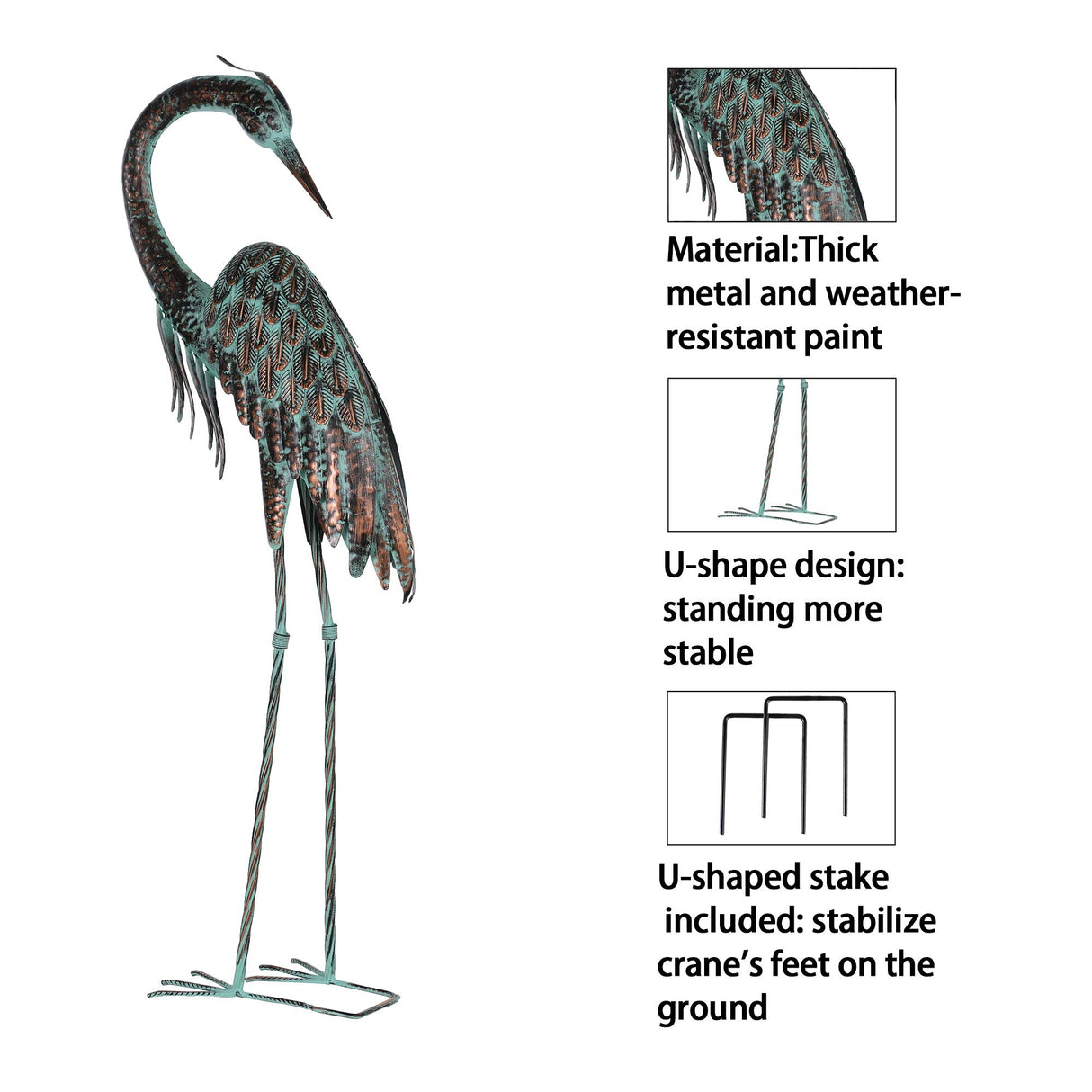 Kircust Garden Crane Statues, Standing Metal Patina Heron Decoy Weather-Resistant and Rustless Outdoor Statue, 42-46 Inch Bird Yard Art for Patio Lawn Pond, Set of 2