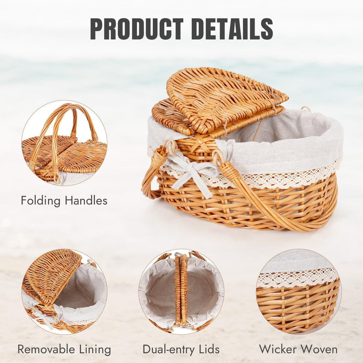 Happypicnic 12" Picnic Basket - Small Wicker Basket with Foldable Handle Lid & Removable Liner | Cute Picnic Basket Toy Empty for Kids, Gift, Halloween, Christmas, Valentines, Easter, Birthday, Solid