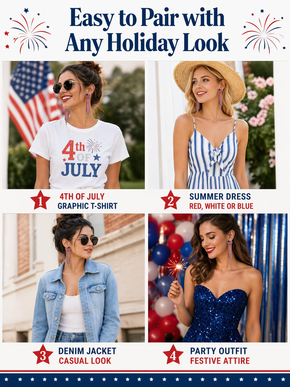 Tasunom American Flag Dangle Earrings for Women, Patriotic 4th of July Earrings, 14K Gold Plated CZ Crystal USA Flag Drop Earrings with S925 Post