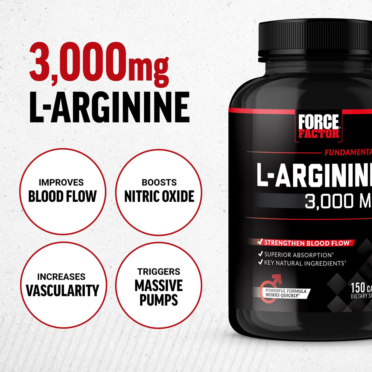 Force Factor L-Arginine Nitric Oxide Supplement with BioPerine to Help Build Muscle and Support Stronger Blood Flow, Circulation, Nutrient Delivery, and Pumps, L-Arginine 3000mg, 3g, 150 Capsules