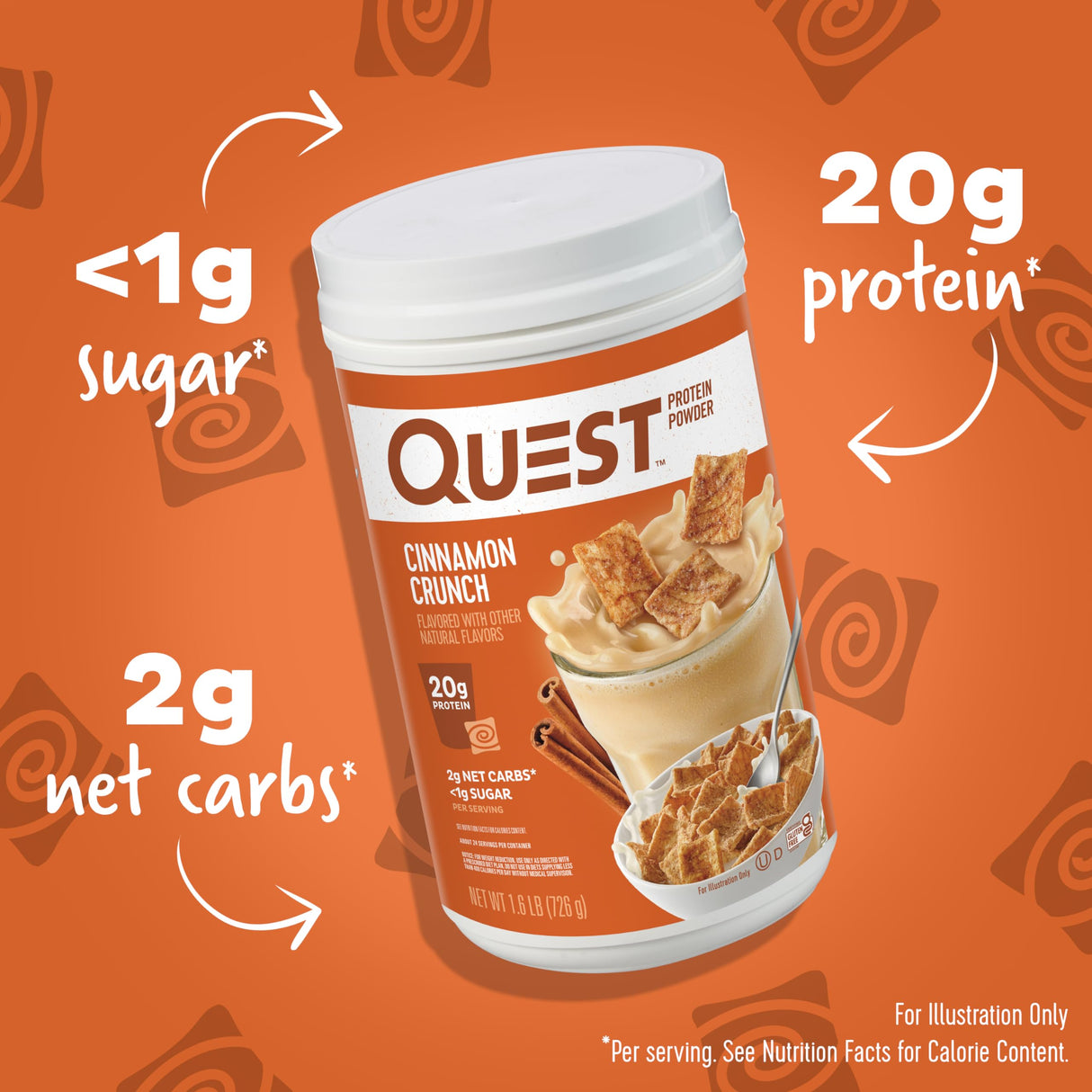 Quest Nutrition Cinnamon Crunch Protein Powder, 20g Protein, 2g Net Carb, 1g Sugar, Low Carb, Gluten Free, 1.6 Pound, 24 Servings
