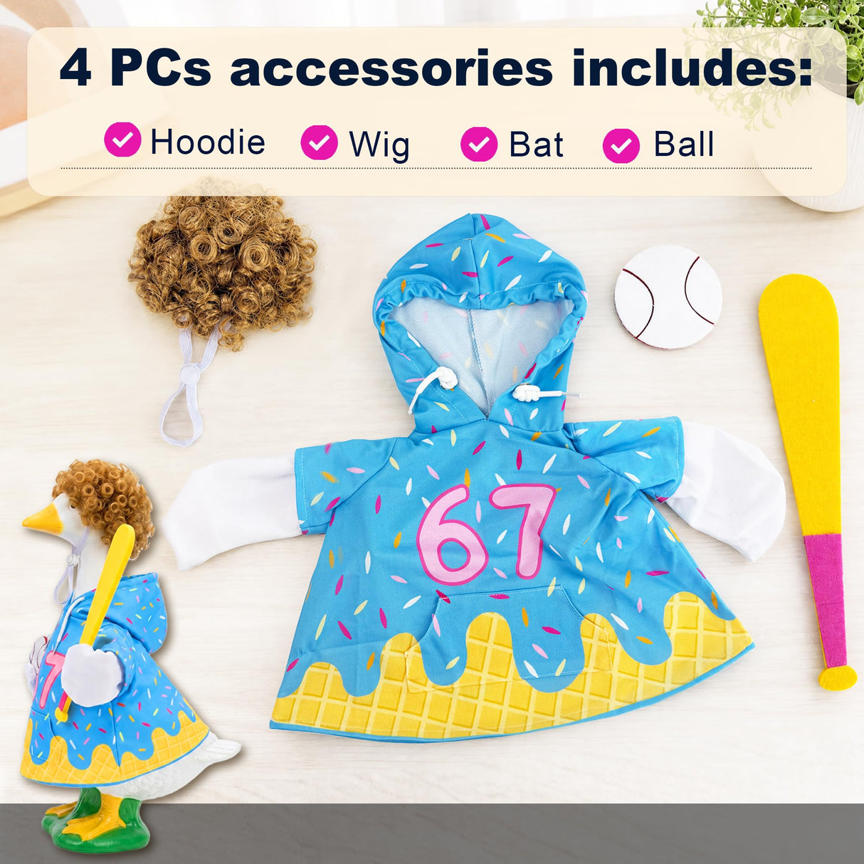 Sloakify Summer 67 Baseball Porch Goose Outfits, Ice Cream Hoodie Wigs for 23 inch Goose, Geese Statue Clothes Costume 4 Pcs Accessories, Birthday Party Garden Outdoor Yard Lawn Patio Decor