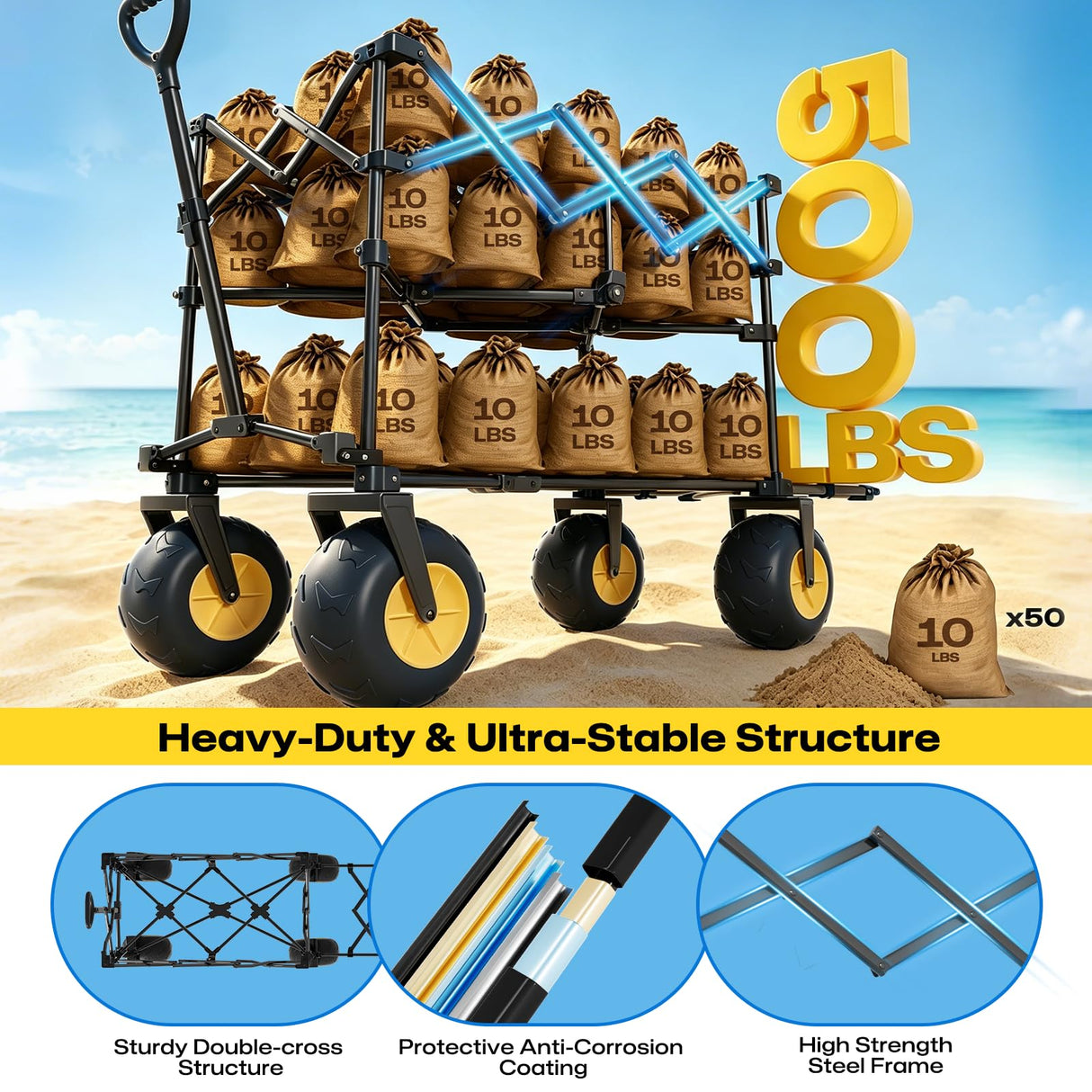 VELUVIA 400L Double Decker Beach Wagon with Big Balloon Wheels for Sand