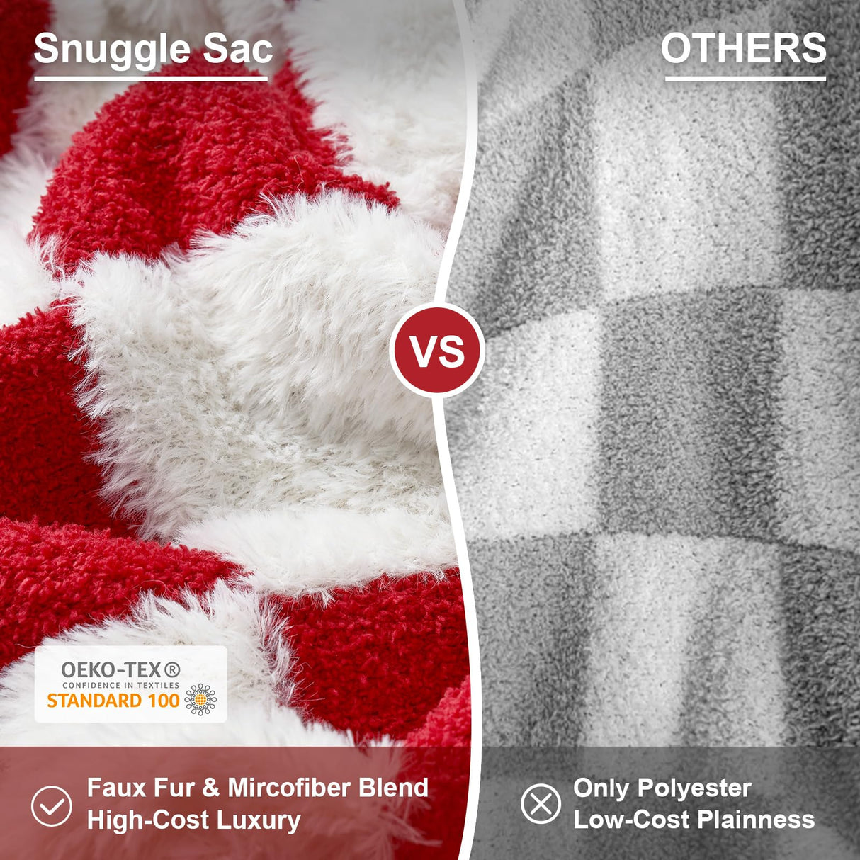 Snuggle Sac Red Checkered Christmas Blanket, Fluffy Faux Fur Ultra Soft Warm Microfiber Throw Blankets for Couch, Sofa, Chair, Bed, Red Checker, 50x60 inches