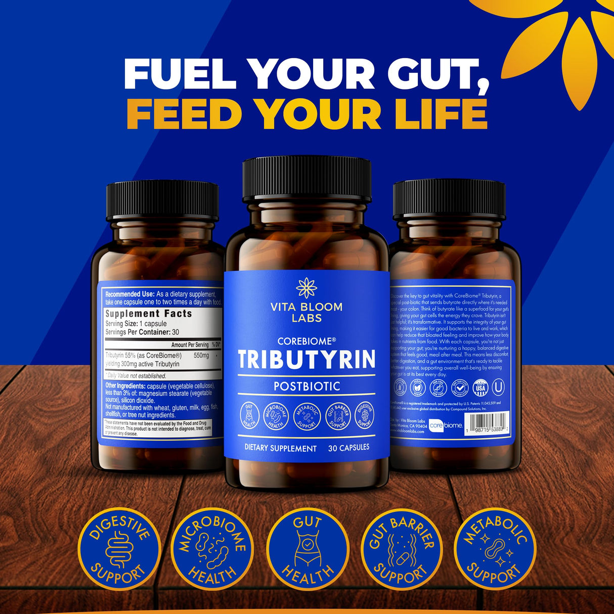 CoreBiome Tributyrin Supplement - Better Delivery & More Effective than Sodium Butyrate - Gut Health & Digestive Support - 3-in-1 Butyrate Postbiotics for Leaky Gut & Gut Barrier Support - 30 Capsules