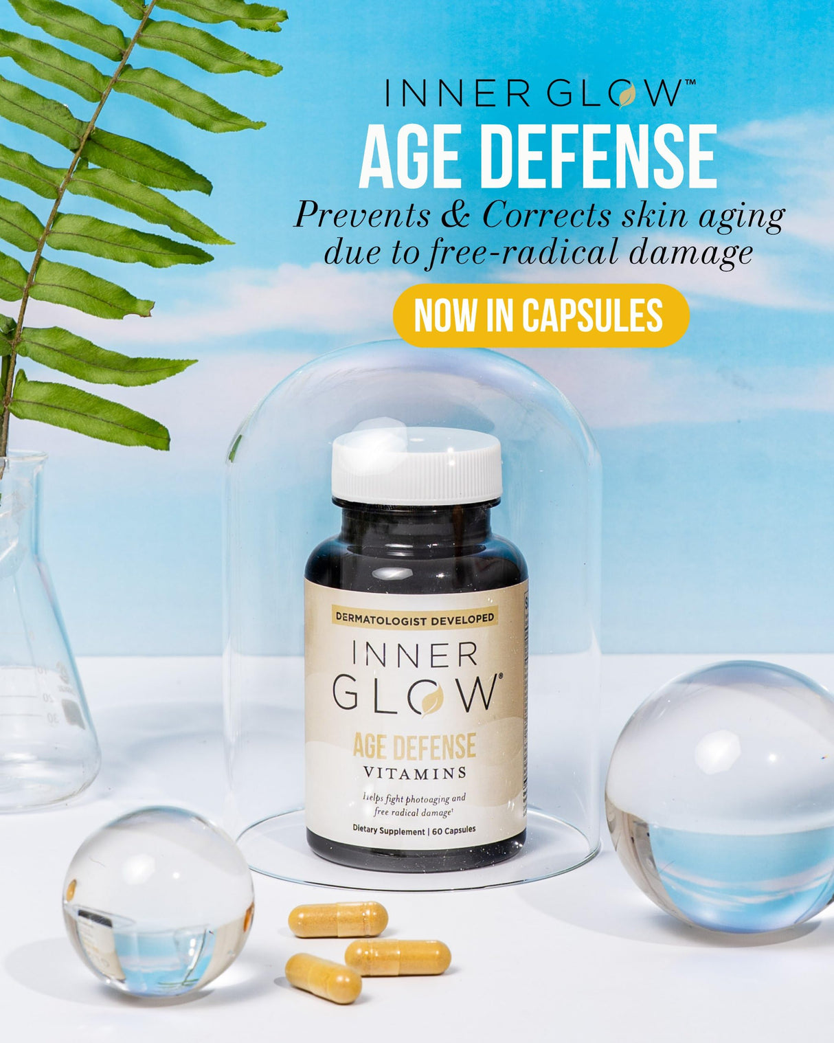 Inner Glow Age Defense Vitamins - Dermatologist and Plastic Surgeon Developed to Fight photoaging and Melasma, Polypodium Leucotomos Antioxidant Formula – Vegan, Gluten-Free – 60 Capsules