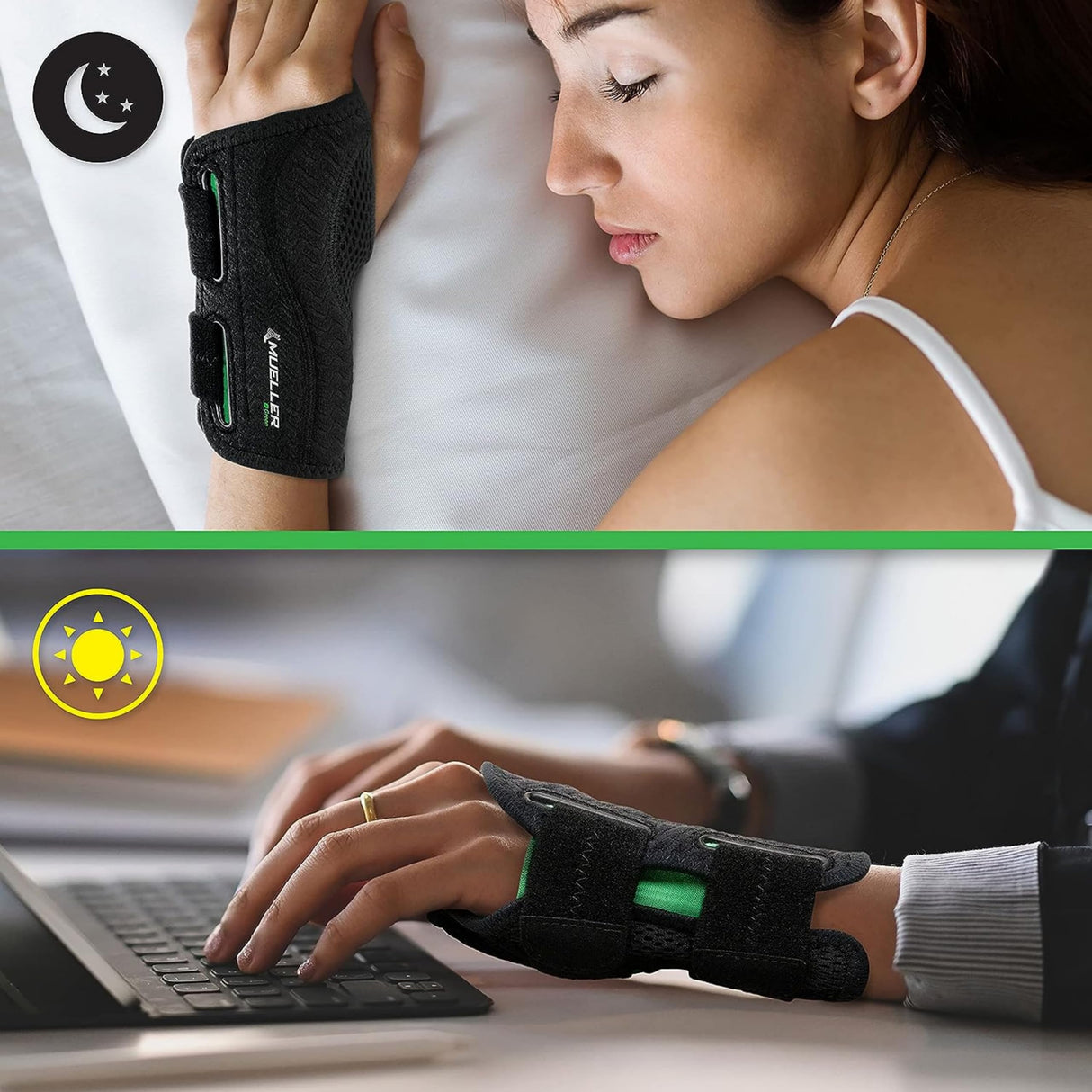 MUELLER Sports Medicine Green Fitted Wrist Brace for Men and Women, Wrist Pain Relief Support, Ideal for Carpal Tunnel, Tendonitis, Arthritis, Left Hand, Black, Small/Medium