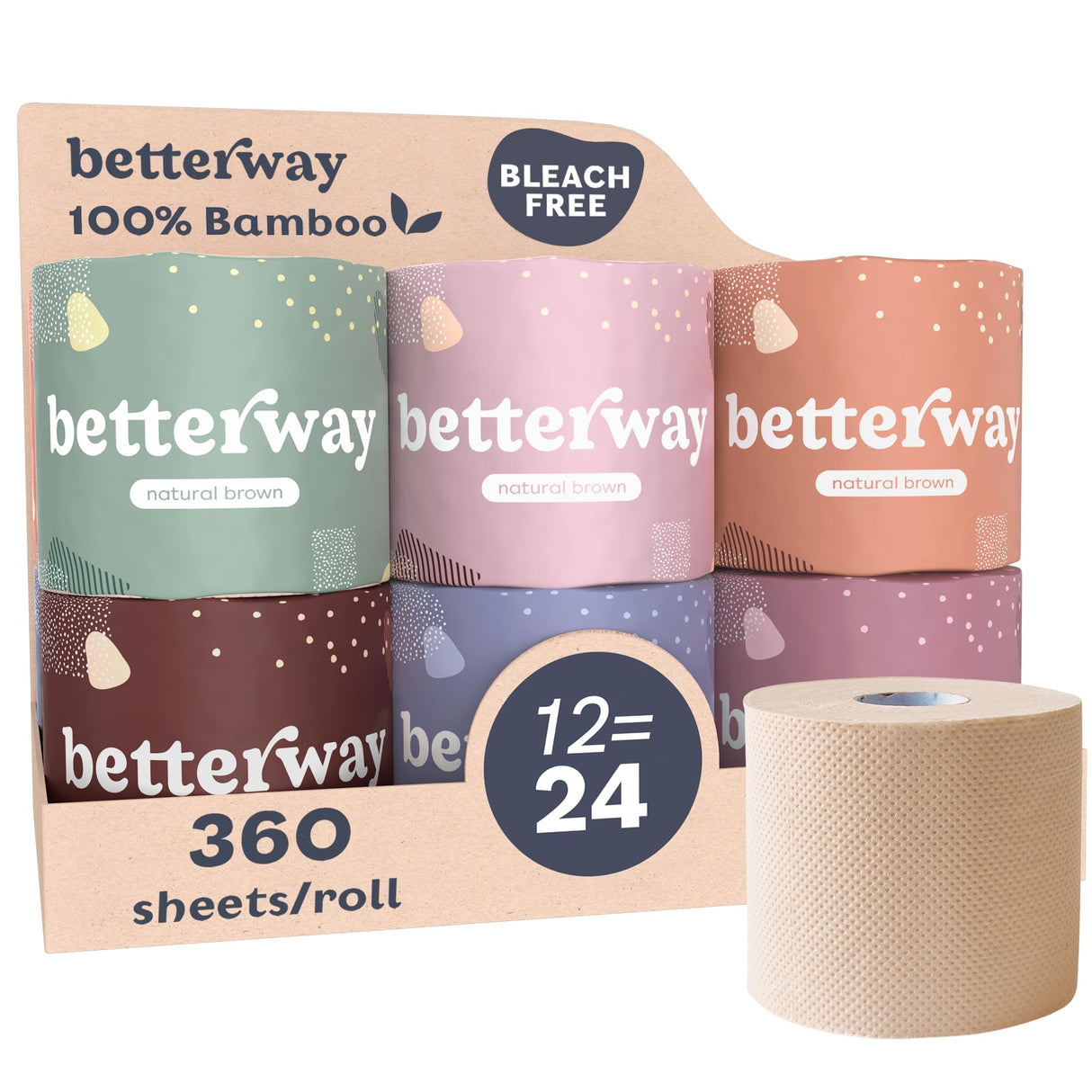 Betterway Unbleached Bamboo Toilet Paper Rolls - Eco-Friendly 3 Ply Toilet Tissue - 12 Long-Lasting Rolls - 360 Sheets/Roll - Organic, FSC Certified, Septic Safe TP - Lint-Free, PFAS-Free Bath Tissue