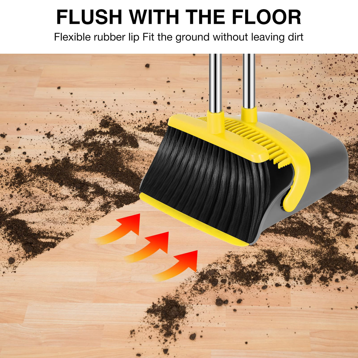 NACENA Broom and Dustpan Set, 52-in Long Adjustable Handle Broom Dustpan Combo with Dustpan Teeth to Automatically Clean Hair Suitable for Home Kitchen Office Hall Floor (Grey&Yellow), 2 Pack