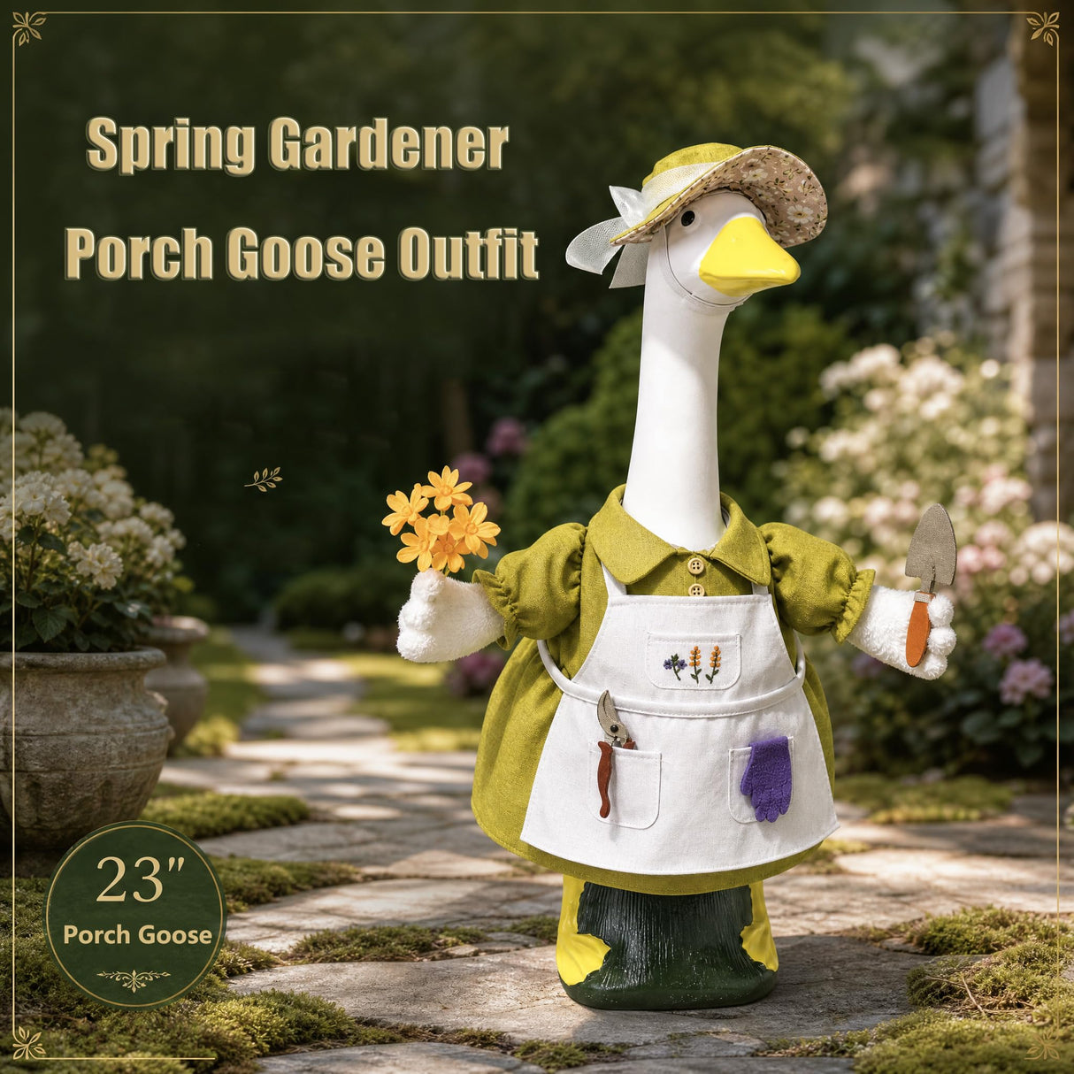 HALSHI Spring Gardener Porch Goose Outfit for 23 Inch Plastic Cement Goose Statue, Goose Outfit Clothes with Hat, Felt Tools & Flower for Outdoor Garden Yard Patio Art Decor