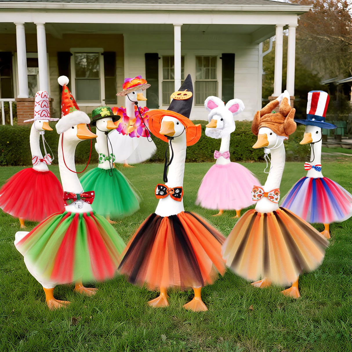Bafeil Porch Goose Outfits, 8 Set Holiday Porch Goose Clothes for 17/19/23 inch Lawn Geese 4th of July Summer Halloween Christmas All Seasonal Patio Yard Garden Goose Statue Decor