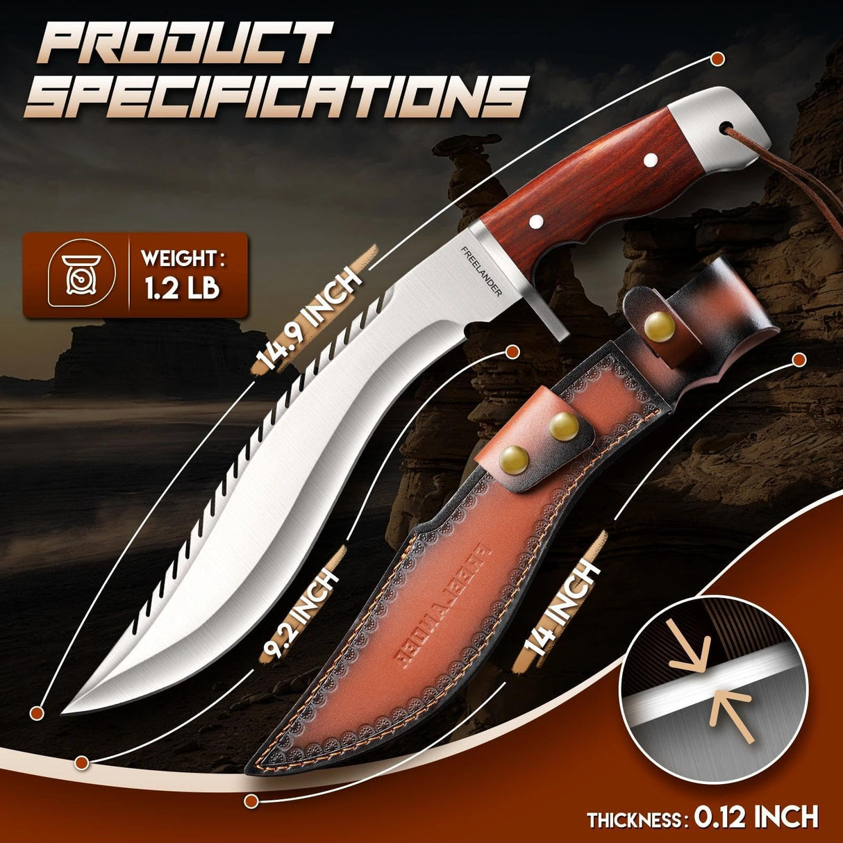 Freelander Full Tang Kukri Machete Knife with Leather Sheath for Yard Work
