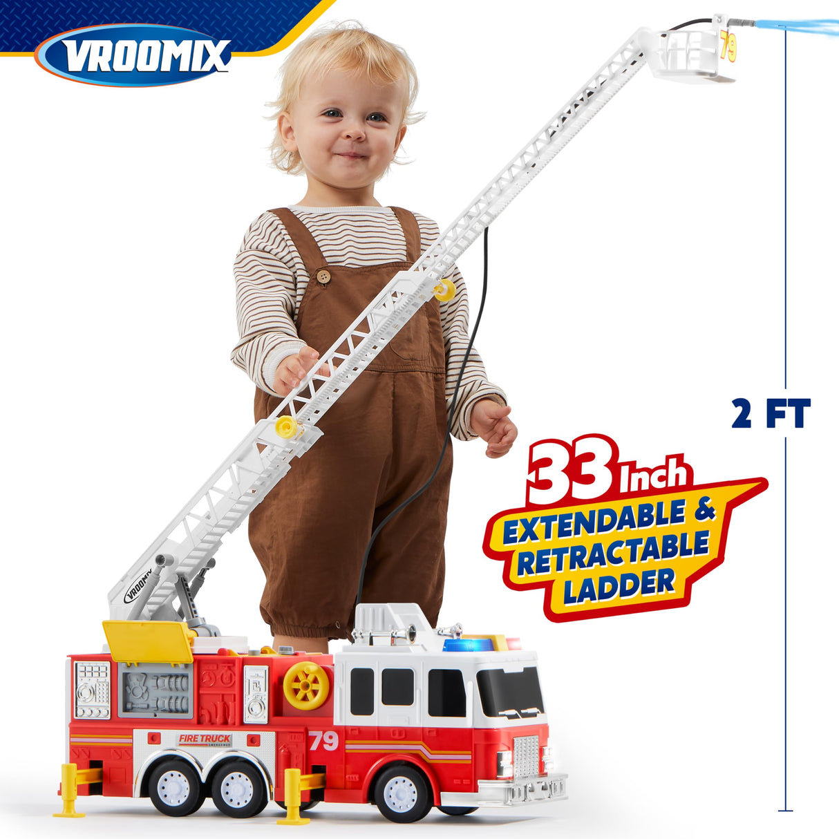Extra Large Toddler Fire Truck Toys for Boys with 33-inch Ladder, Realistic Sirens, Lights & Sprinkler Pump, Big Firetruck Emergency Vehicle, Kids Toys for Age 3, 4, 5, 6, 7, Christmas Birthday Gift
