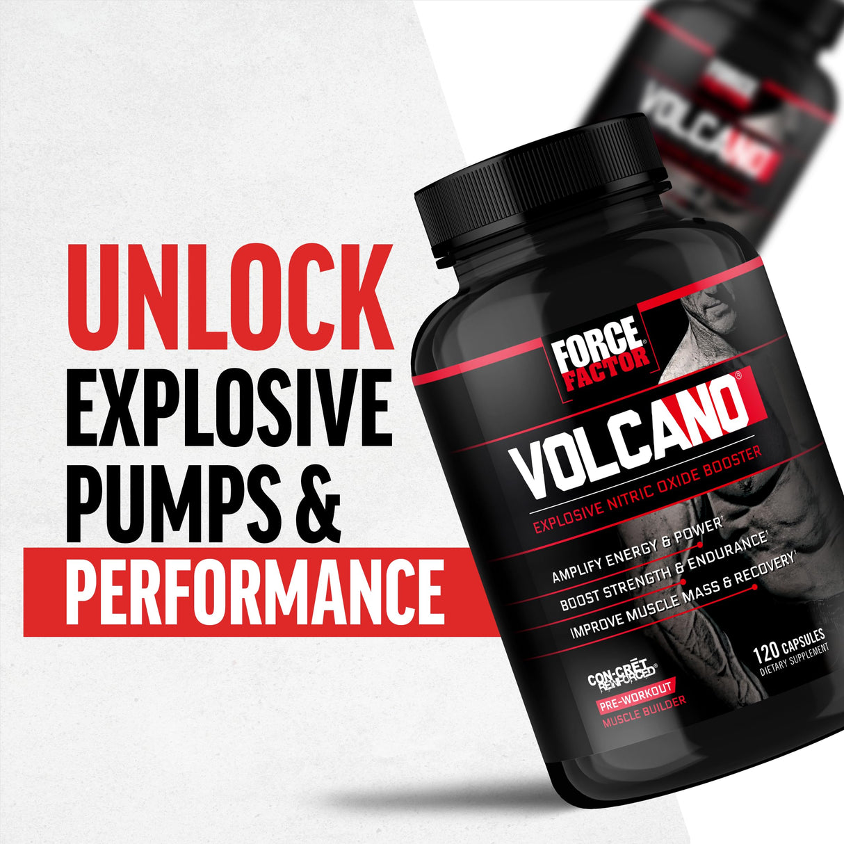 Force Factor Volcano Pre Workout Nitric Oxide Booster Supplement for Men with Creatine and L-Citrulline to Boost and Energy, Help Build Muscle, Better Pump and Workout, 120 Capsules