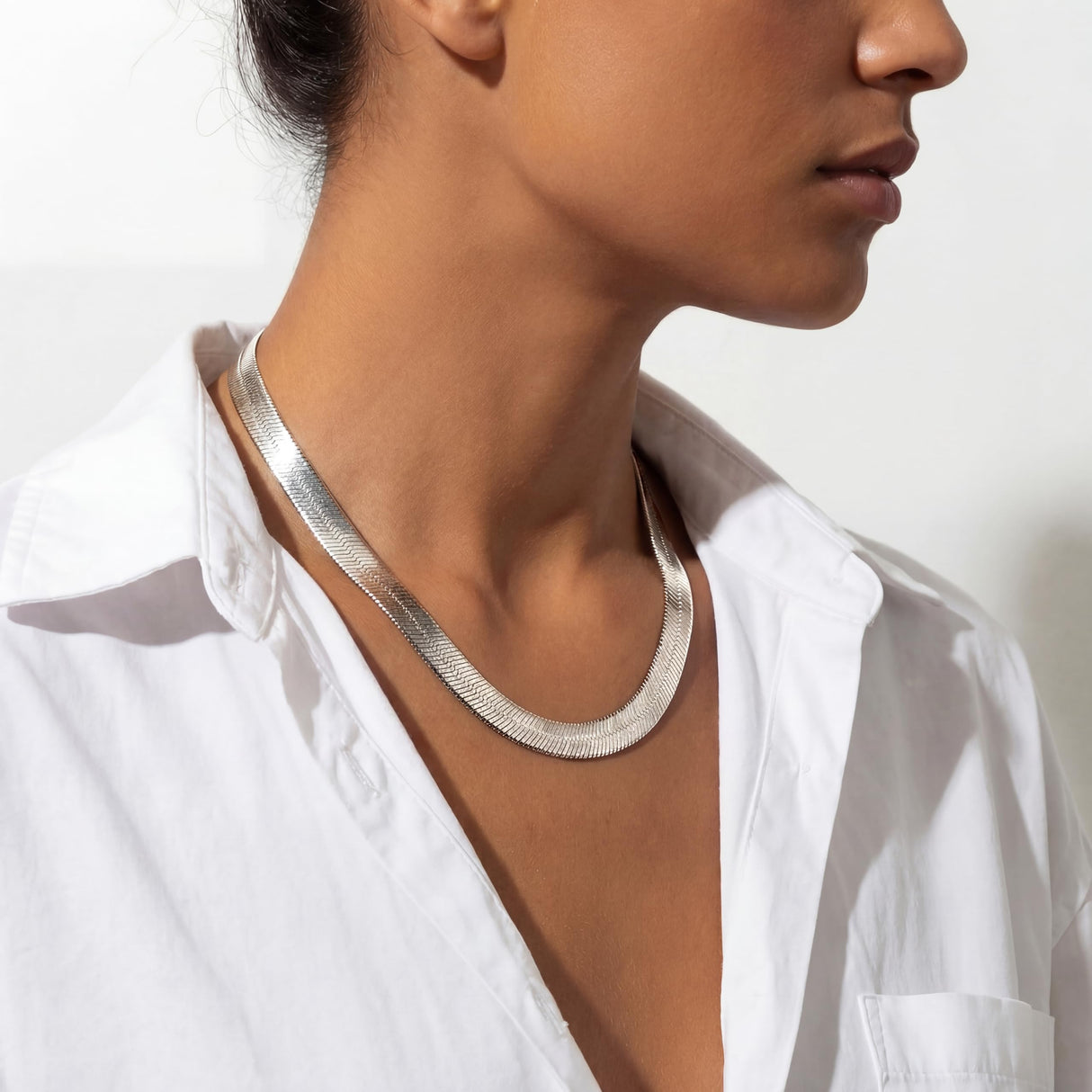 Chunky Silver Long Herringbone Necklace for Women – Stainless Steel Dainty Snake Chain Choker, Trendy Simple Long Layered Jewelry Non Tarnish, 8mm, 18 Inch & 2 Inch Extension Chain, Gift for Her