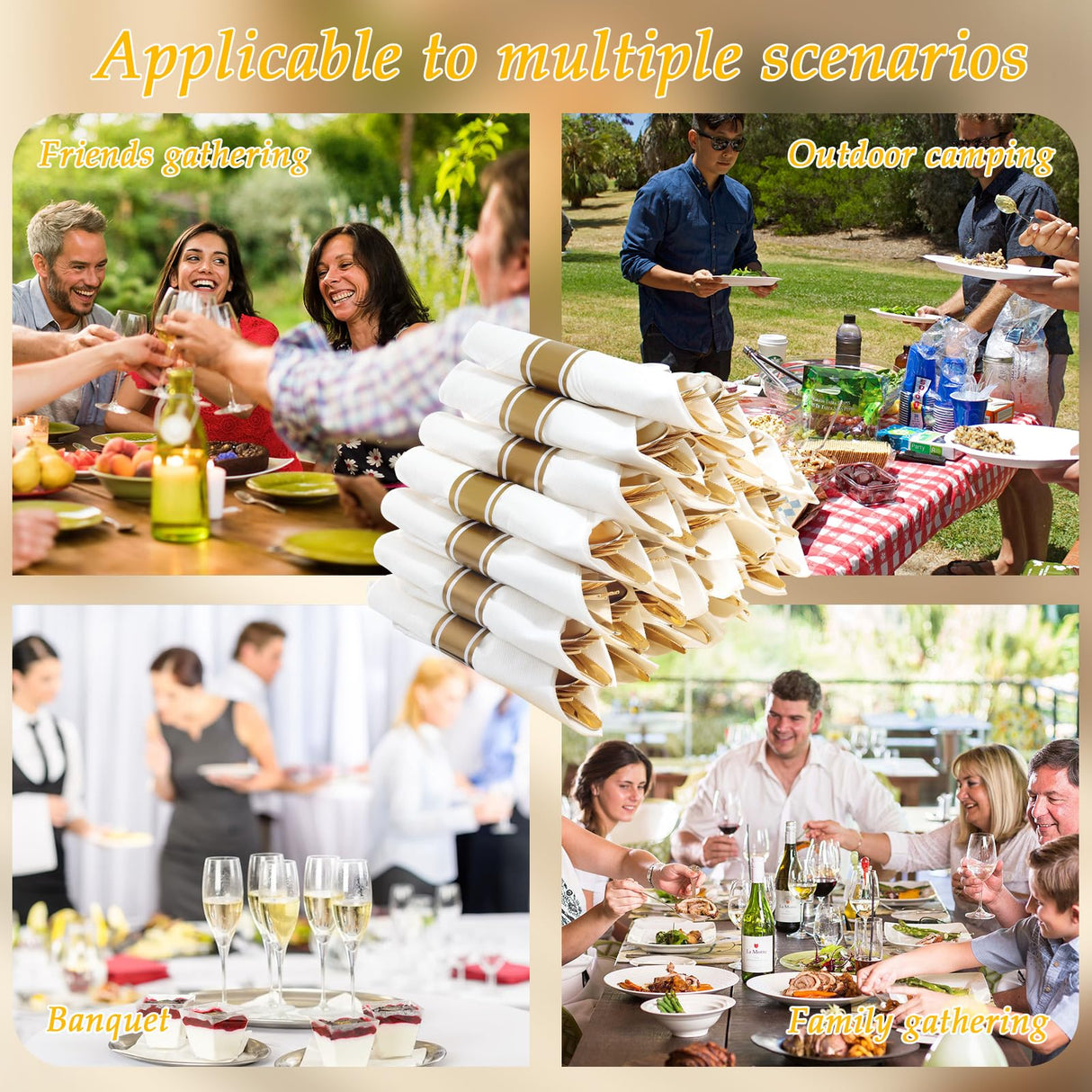 Supernal 120Pack Gold Plastic Silverware Wrapped Plastic Cutlery Set with Napkin,Pre Rolled Napkins with Cutlery Set,Rolled Silverware Disposable For Halloween Thanksgiving Christmas