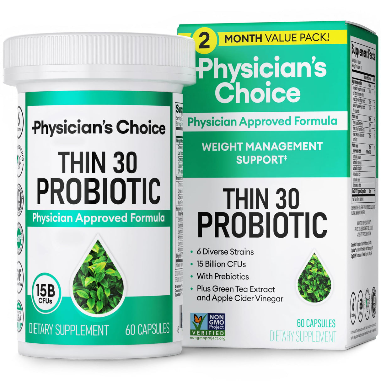 Physician's CHOICE Probiotics for Weight Management & Bloating - 6 Probiotic Strains - Prebiotics - Key ingredient Cayenne - Supports Gut Health - Weight Management for Women & Men - Green Tea - 60 CT