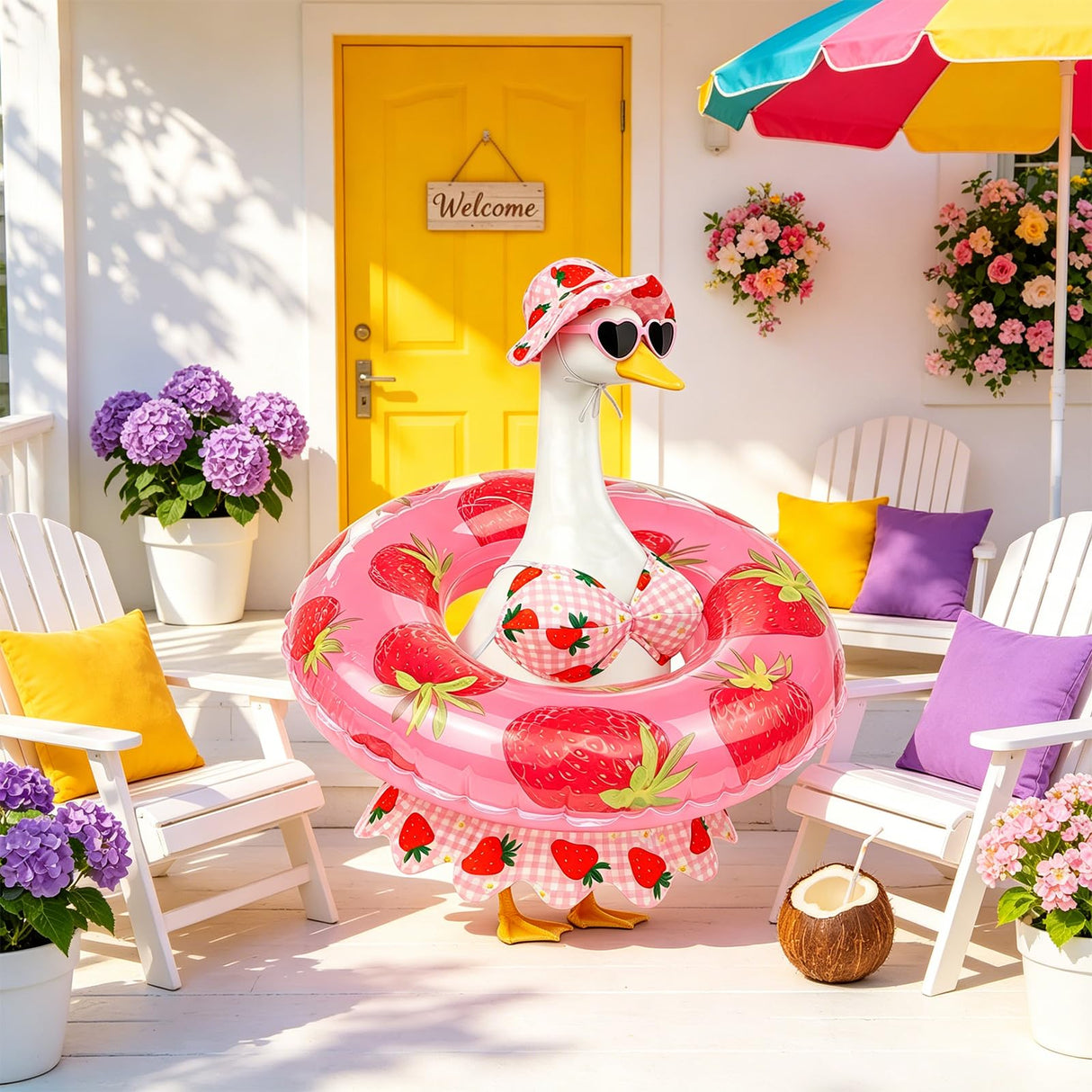 Lixintray Hawaiian Porch Goose Outfits Summer Bikini Goose Outfit with Sunglasses & Swim Ring, Strawberry Goose Costume Fits 23 Inch Cement Yard Plastic Statues, Outdoor Garden Patio Decor