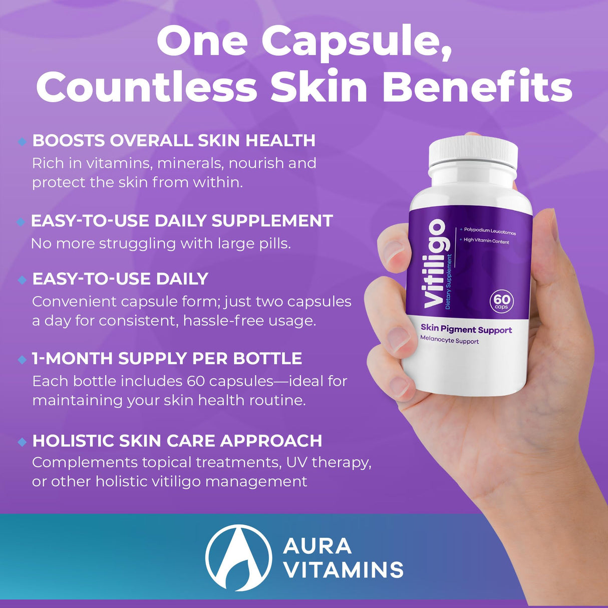 AURA VITAMINS - Vitiligo Capsules 60 Count | 1 Month | Improve Skin Pigmentation Support and Reduce White Spots | Effective Vitiligo Supplement | Natural Solution for White Spots on Skin. (3)