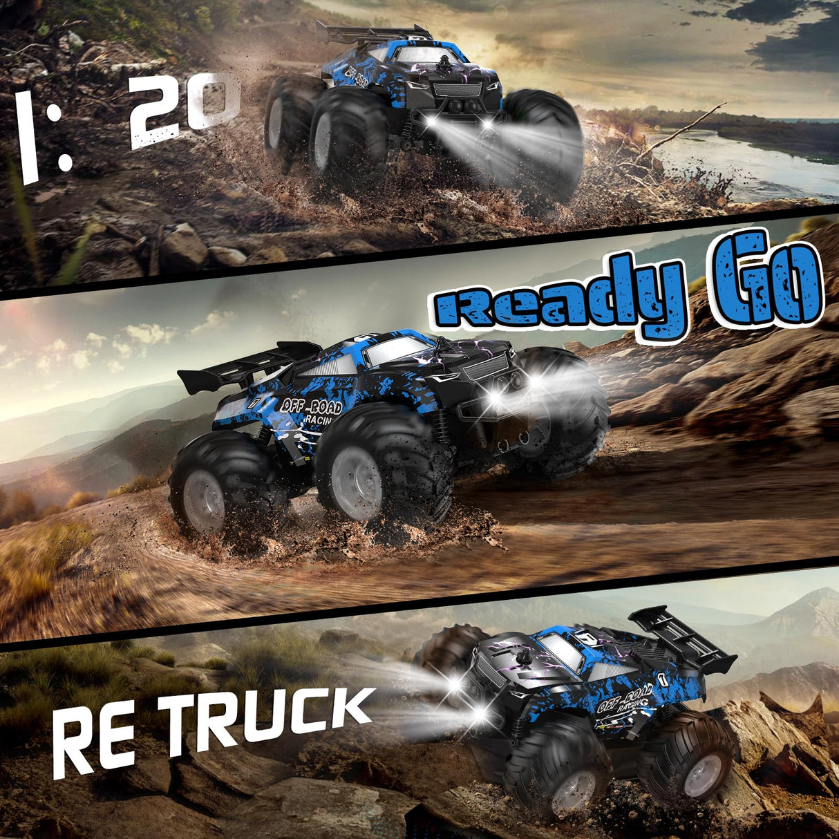 Hielse Remote Control Car, All-Terrain Remote Control Truck for Boys, Rechargeable Rc Truck with LED, 1:20, 10KM/H, 2 Motors, 2.4GHZ, Speed Friendly, Sturdy, Rc Cars for Christmas, Kids, Beginner