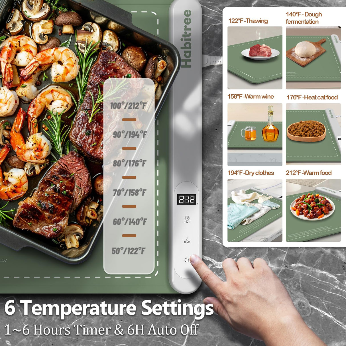 3-Pack Silicone Food Warming Mat & Food Warmers for Parties Buffet - Rapid Heating 6-Level Temp Control, Rollable Portable Easy Clean - Value Set for Gatherings & Home Daily UseοΌGreenοΌ