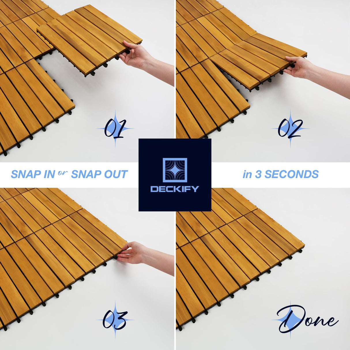 DECKIFY 9Pcs Premium Acacia Wood Interlocking Patio Deck Tiles, 12 x 12 x 0.9 Inch Outdoor Flooring, Waterproof for All-Weather Use – Striped, Golden Teak