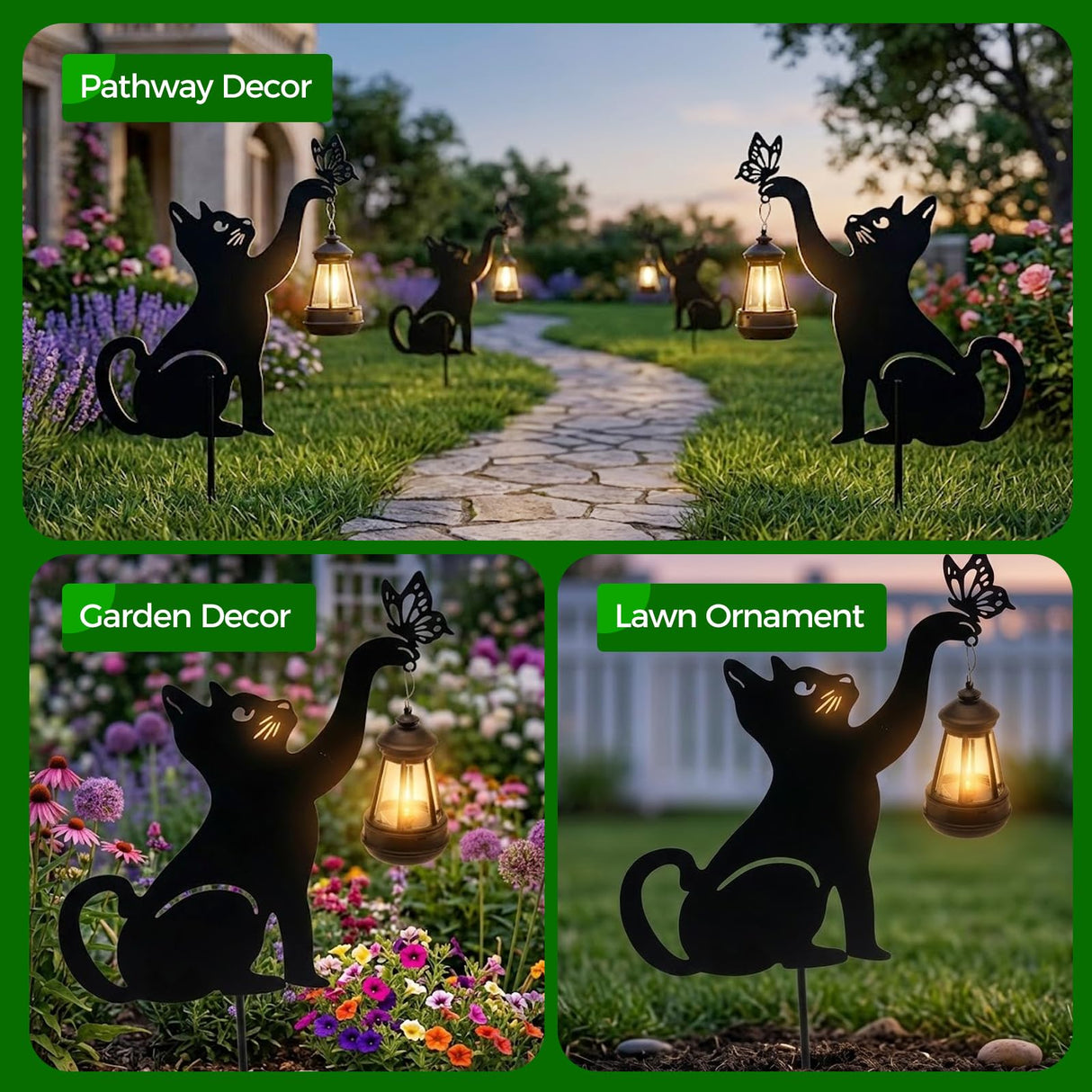 CabyGift Black Cat Solar Lights Outdoor, 2 Pack Waterproof Solar Cat Garden Stakes with Butterfly Decorative, Metal Cat Yard Decor for Patio, Lawn & Pathway, Cat Lover Gifts for Women Mom (2 Cat)